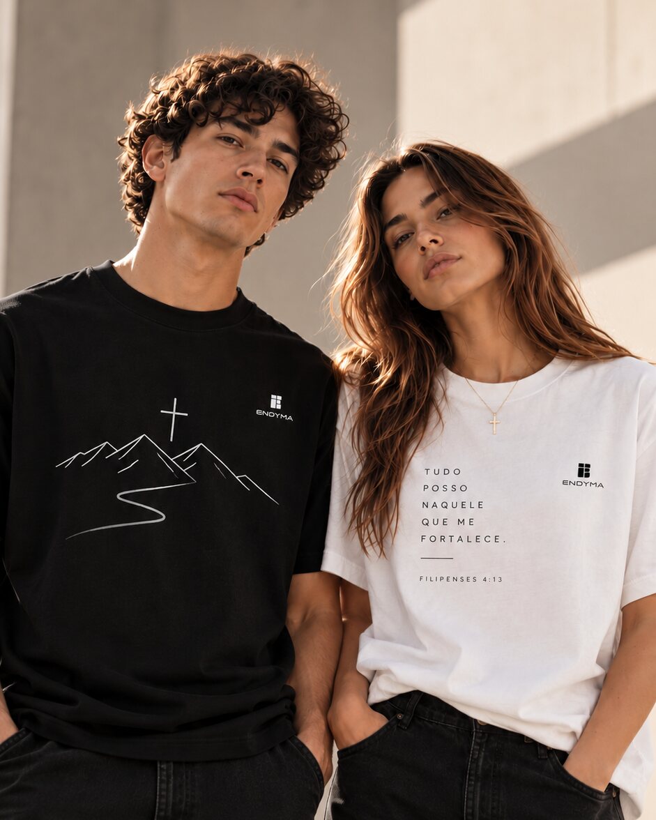 Casal vestindo camisetas ENDYMA: preta com cruz sobre os montes e off-white com Filipenses 4:13